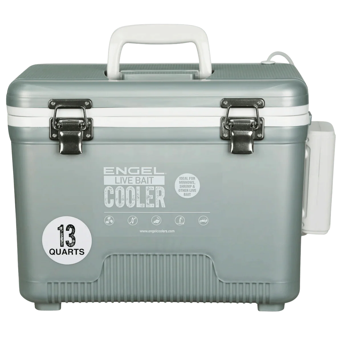 ENGEL 13 QUARTS LIVE BAIT PRO COOLER WITH AP3 RECHARGEABLE AERATOR AND STAINLESS HARDWARE - SILVER