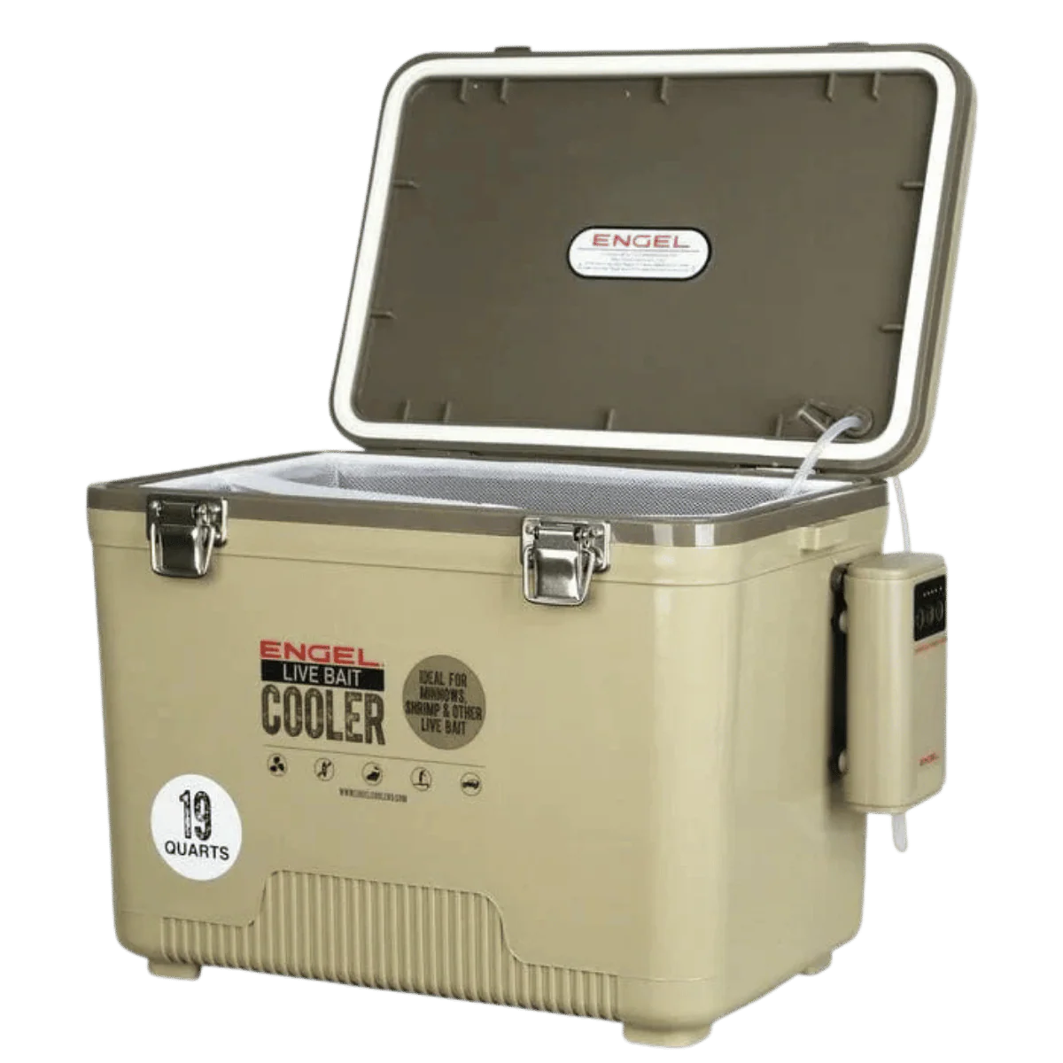 ENGEL 19 QUARTS LIVE BAIT PRO COOLER WITH AP3 RECHARGEABLE AERATOR AND STAINLESS HARDWARE - TAN