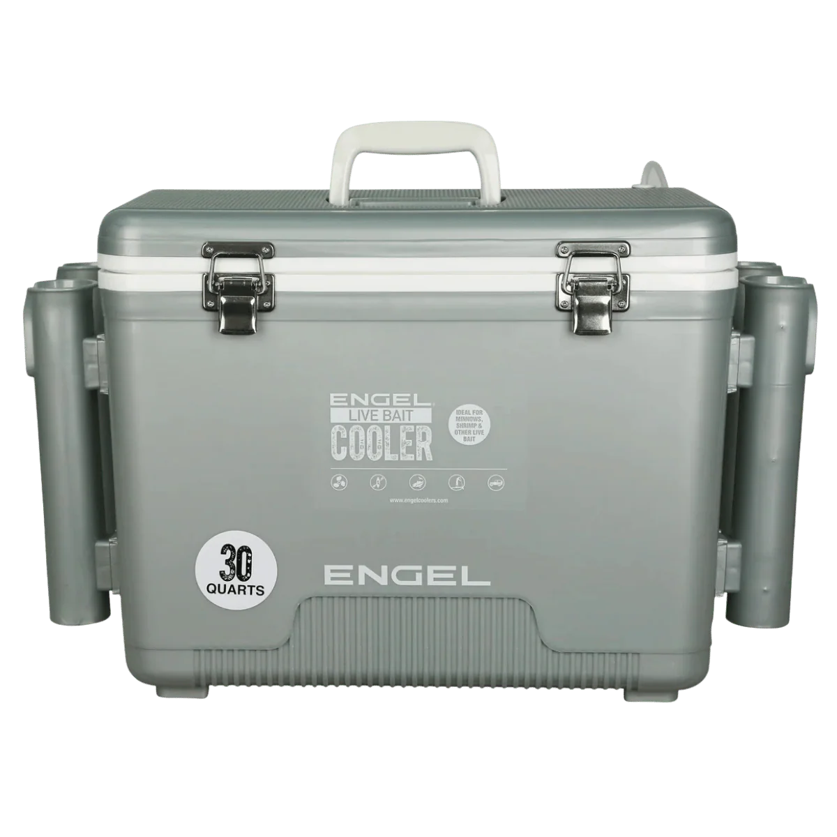 ENGEL 30 QUARTS LIVE BAIT PRO COOLER WITH AP4 RECHARGEABLE AERATOR AND STAINLESS HARDWARE - SILVER