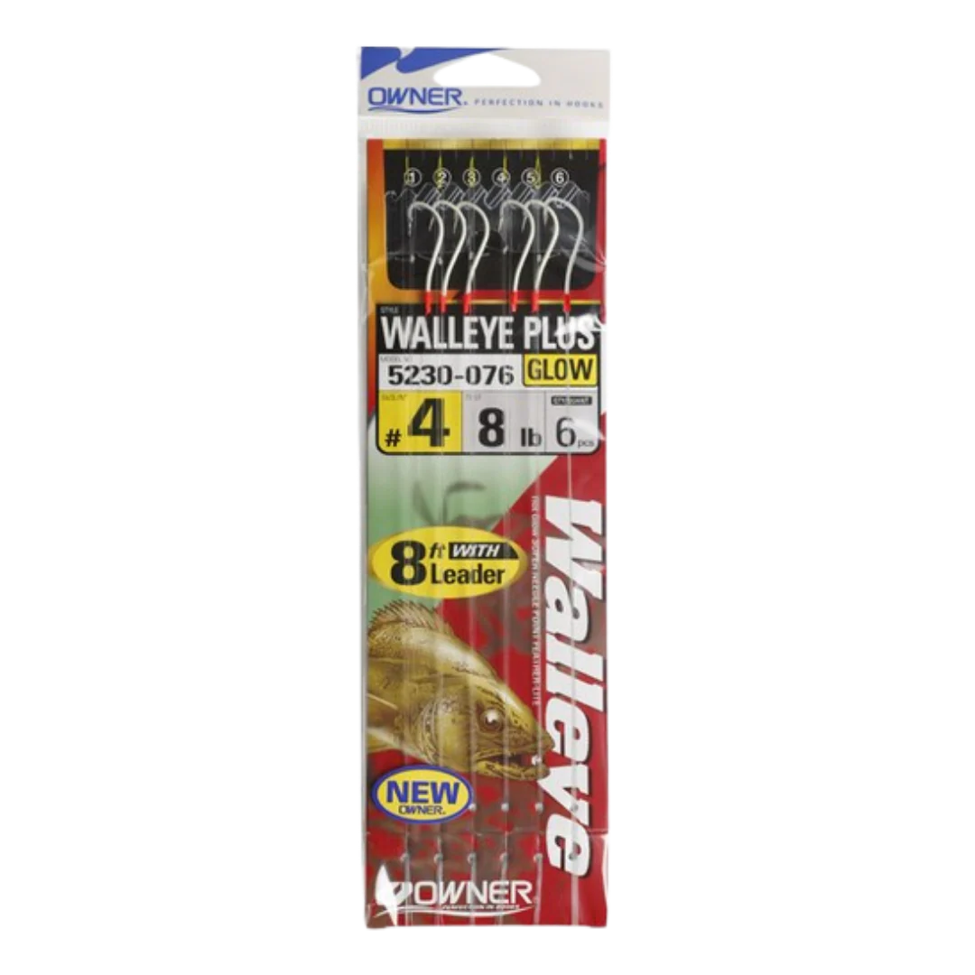 OWNER AMERICAN WALLEYE PLUS BAIT HOOK WITH 8' LEADER - RED HOOK GLOW BEAD #4