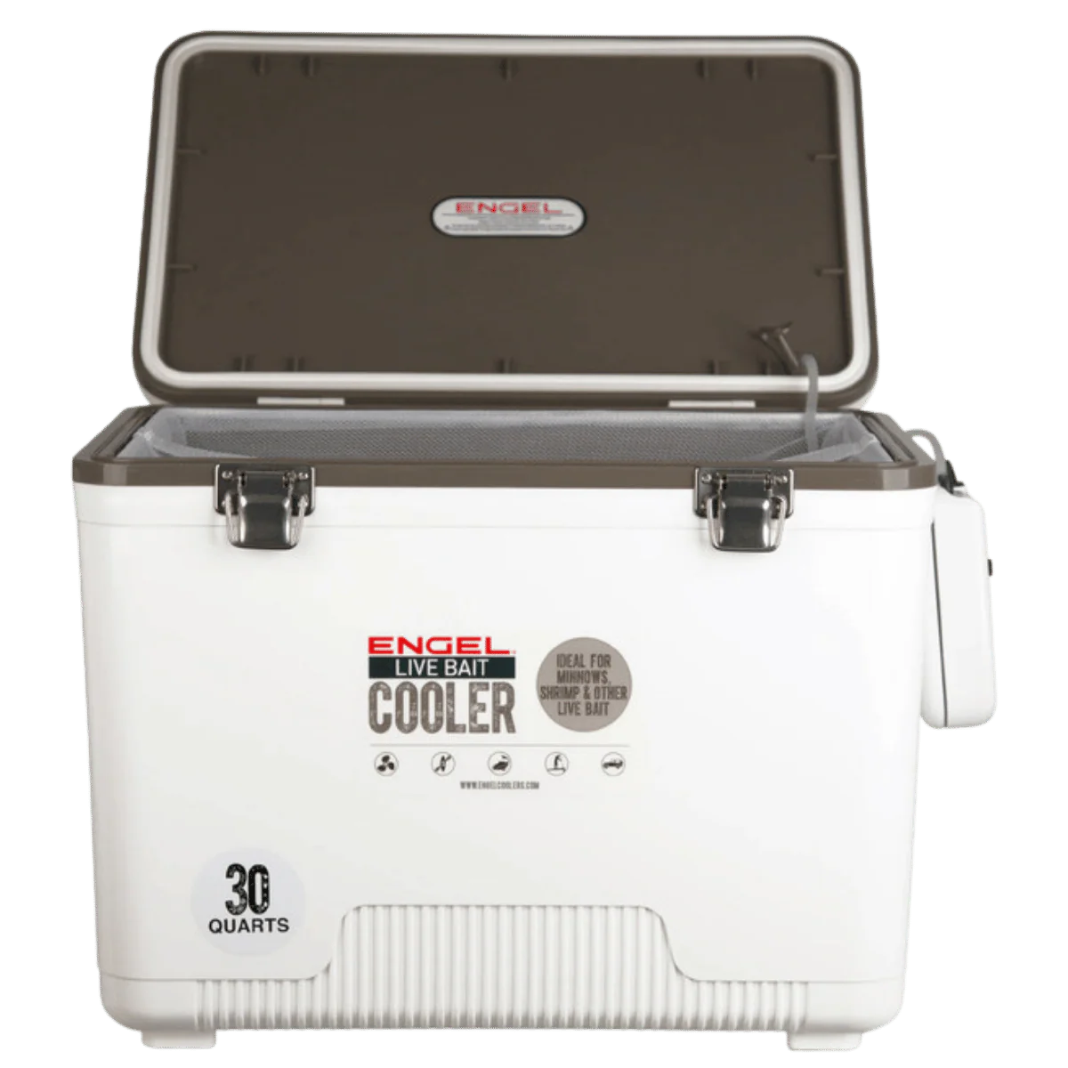 ENGEL 30 QUARTS  LIVE BAIT COOLER W/NET AND AERATOR PUMP - WHITE - Image 2